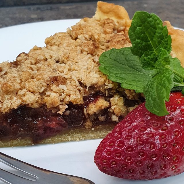 Pear, Strawberry & Cardamom Crumble Tart