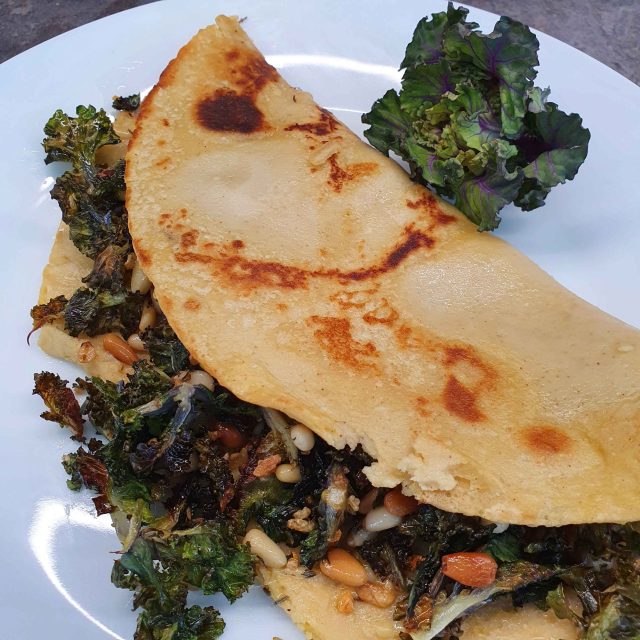 Roasted Kalette and Pine nut Cheesy Omelette with Thyme