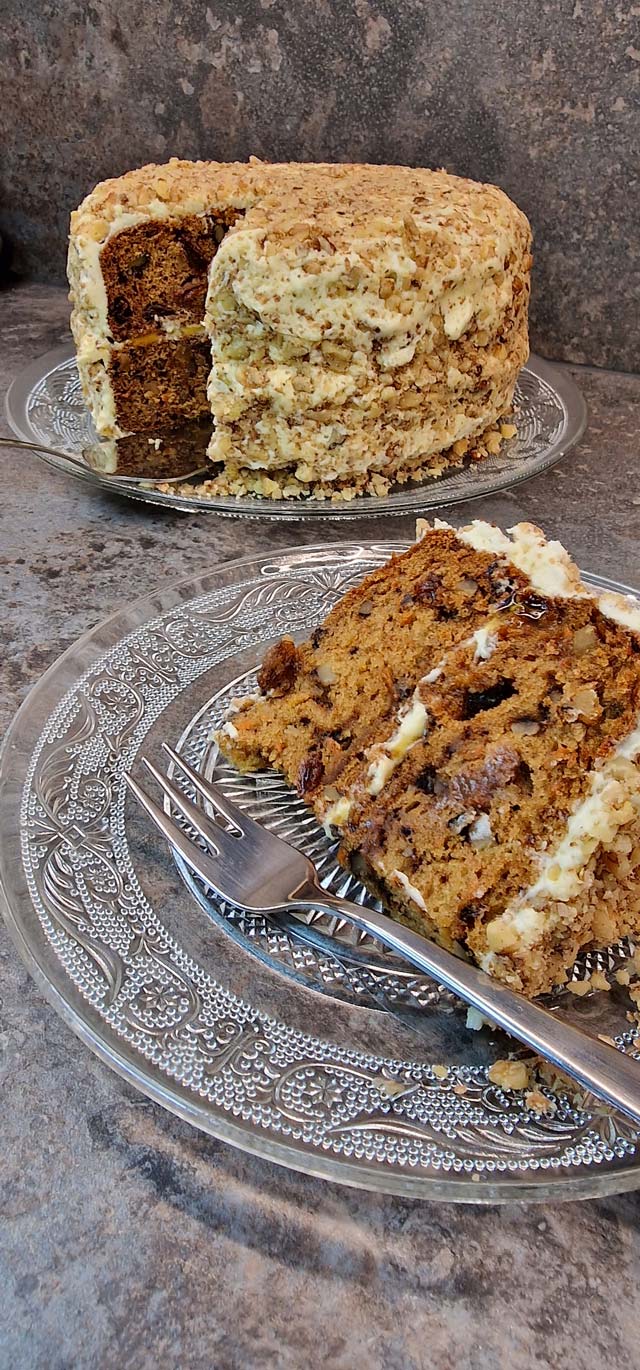 Vegan Carrot Cake with Orange Frosting and Passion Fruit Coulis