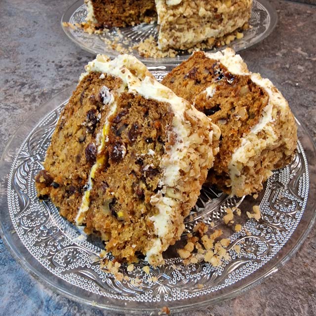 Vegan Carrot Cake with Orange Frosting and Passion Fruit Coulis